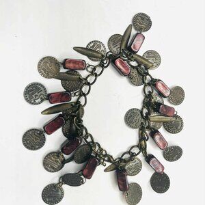 Vintage Boho Charm Bracelet with Glass Beads & Oriental Coin Charms